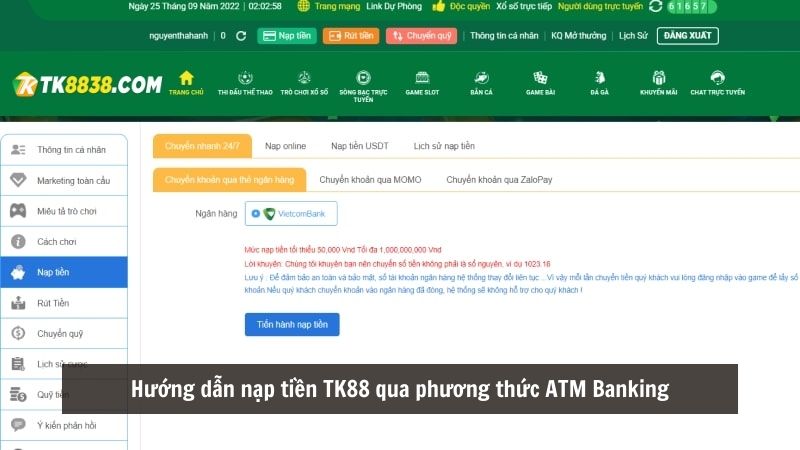 Hướng dẫn nạp tiền TK88 qua phương thức ATM Banking