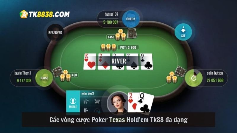 Các vòng cược Poker Texas Hold’em Tk88 đa dạng